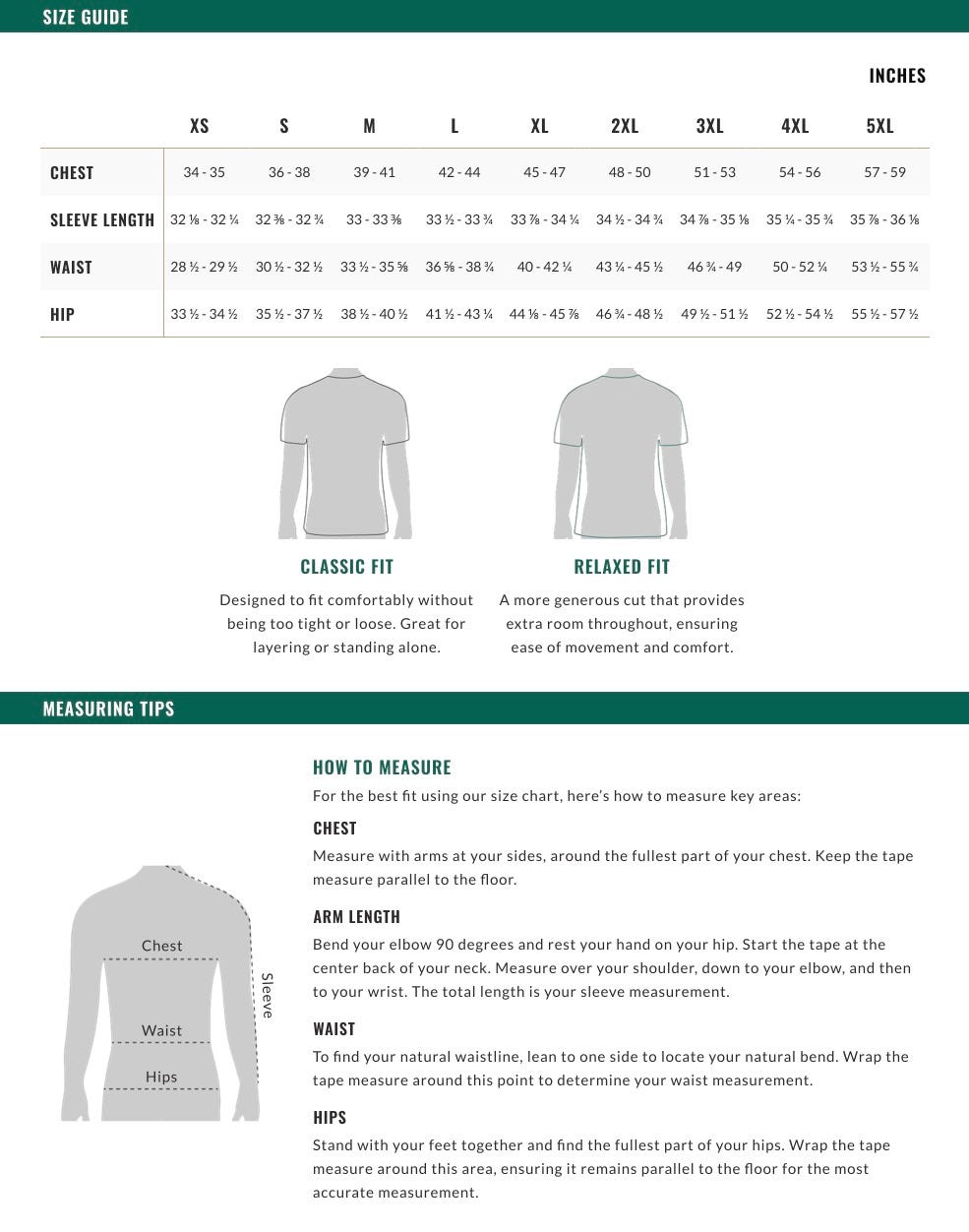 Men's Tops Size Chart